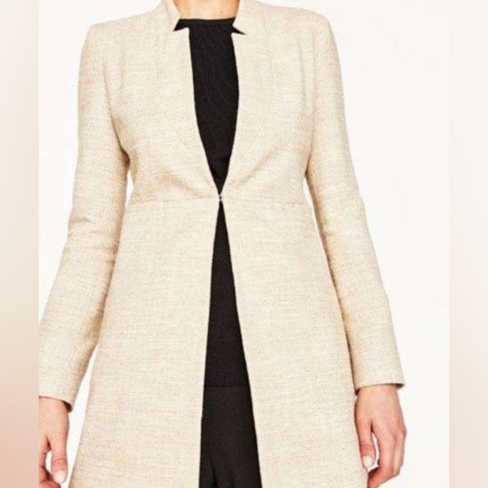 ZARA Beige‎ Tweed Inverted Lapel Frock Coat